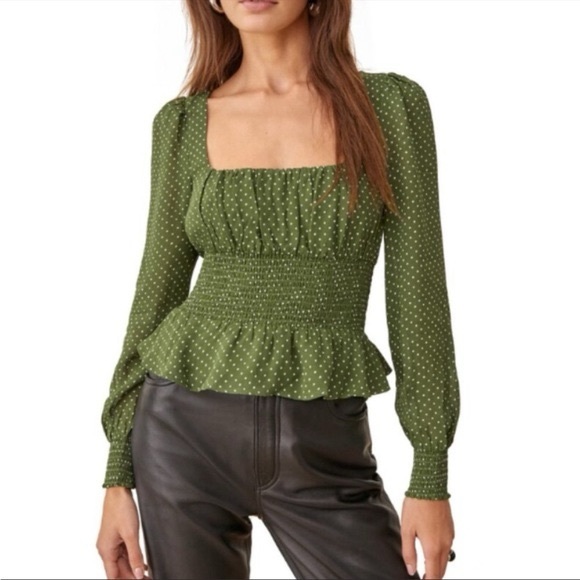 REFORMATION Hearth Smocked Blouse Top Peat Green‎ Polka Day Square Neck Size 10 - Picture 1 of 12